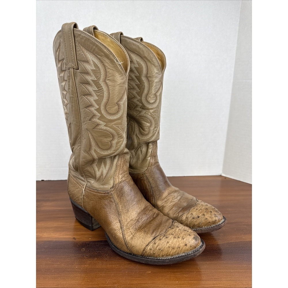 Vintage Men's Tony‎ Lama Ostrich Leather Cowboy Boots Size 9.5 D Made in USA